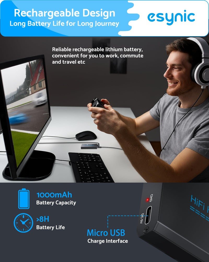 eSynic 16-150Î© Headphone Amplifier Poratble- HiFi 3.5MM Audio Headphone Amp Rechargeable with 2-Stage Gain Switch-Aluminum Alloy Body & 12H Playtime for Car/MP3&4/Phone/PC/Laptop (3.5mm AUX) - Image 5